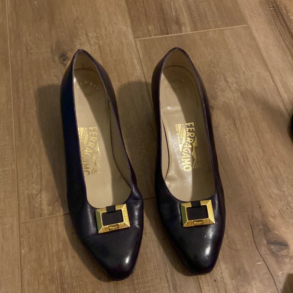 Salvatore Ferragomo Black w/Gold Buckle Block Heels